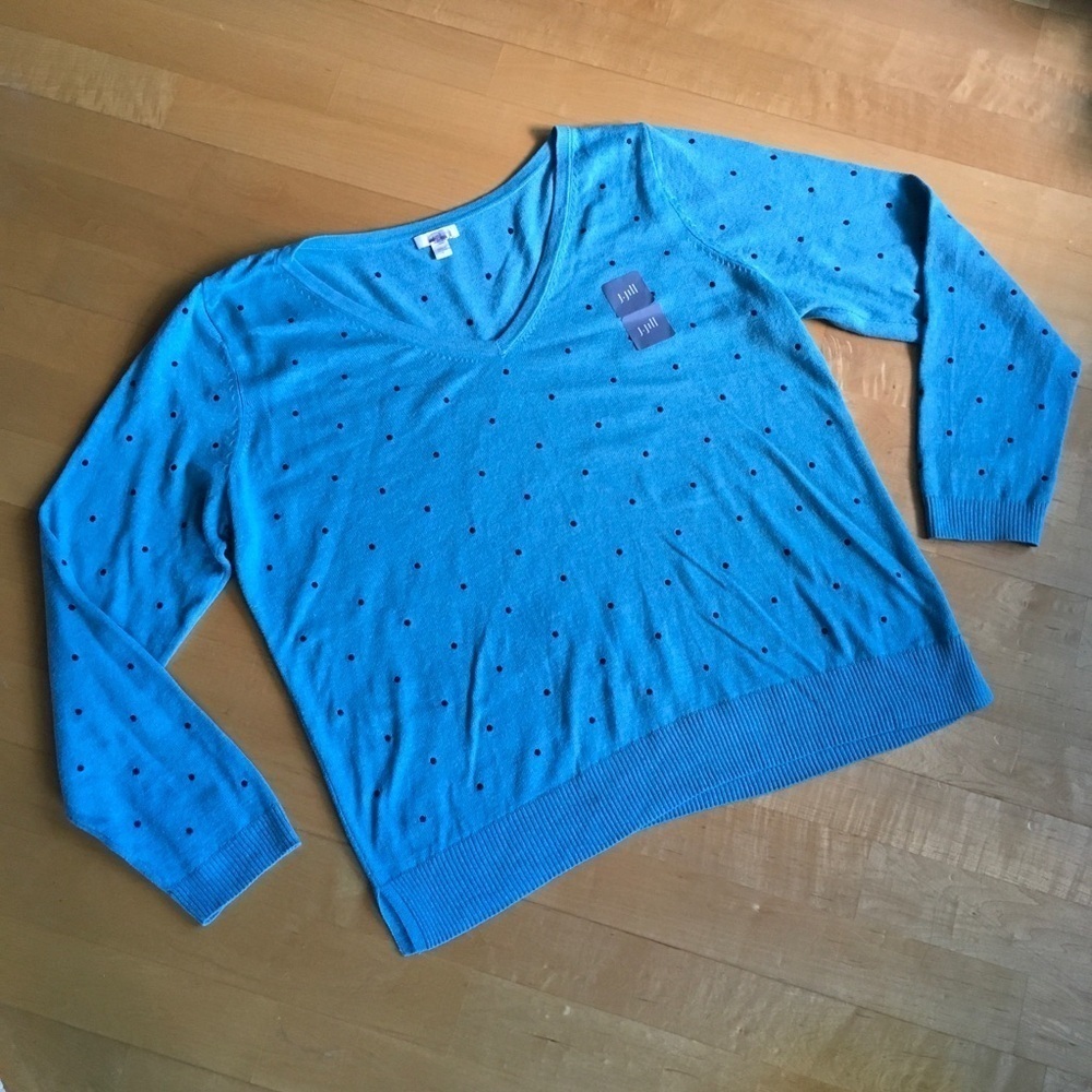J Jill Polka Dot, Lightweight, V-Neck Sweater, Aqua Blue, Navy, Size L